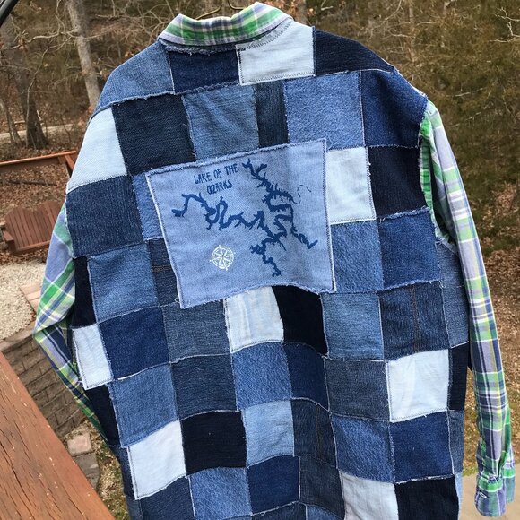 Upcycled Patchwork Jean Jacket, Men's XL: Lake of the Ozarks Denim Patch Shirt - Picture 8 of 14
